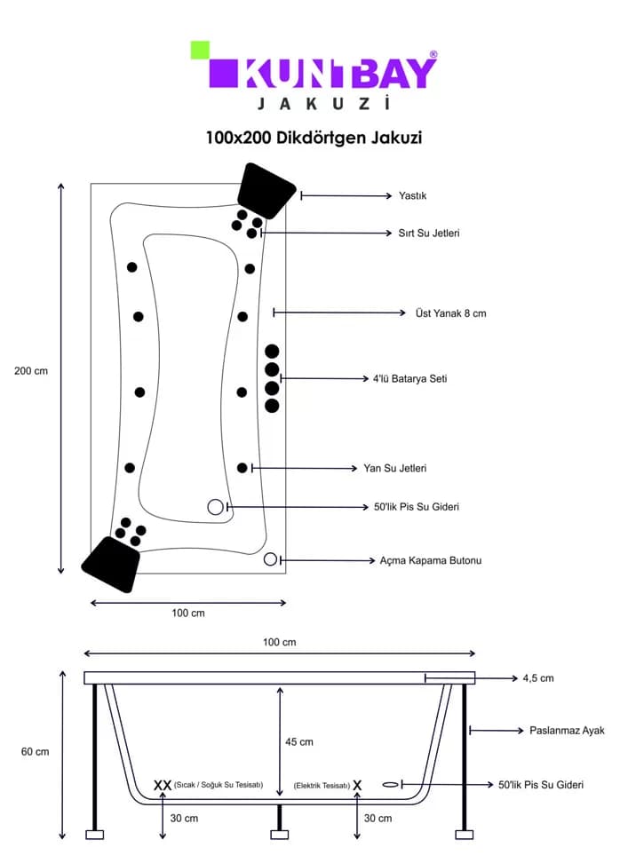 Dikdörtgen Jakuzi 100 X 200 H 60 — görsel 4