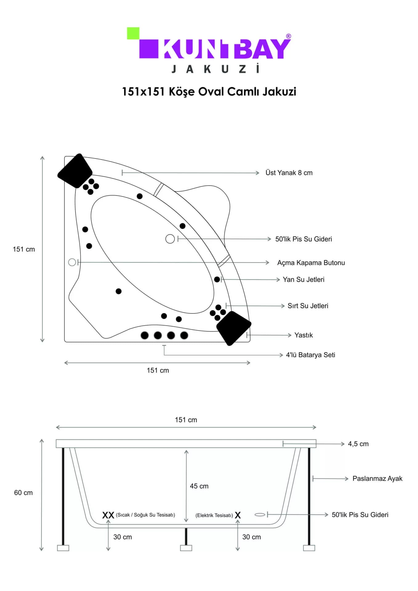 Köşe Oval Camlı Jakuzi 151 X 151 H 65 — görsel 4