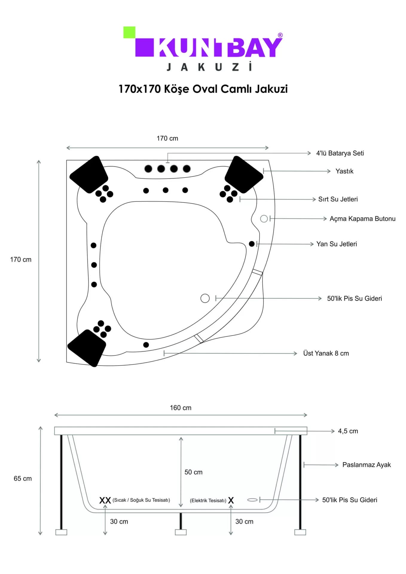 Köşe Oval Camlı Jakuzi 170 X 170 H 65 — görsel 5