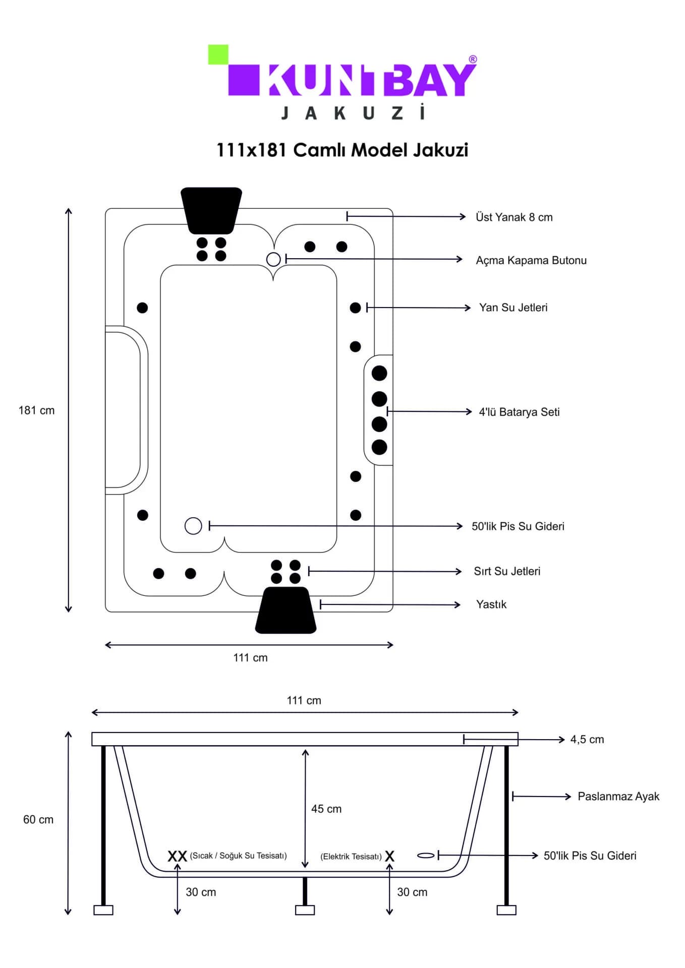 Dikdörtgen Camlı Jakuzi 111 X 181 H 60 — görsel 2
